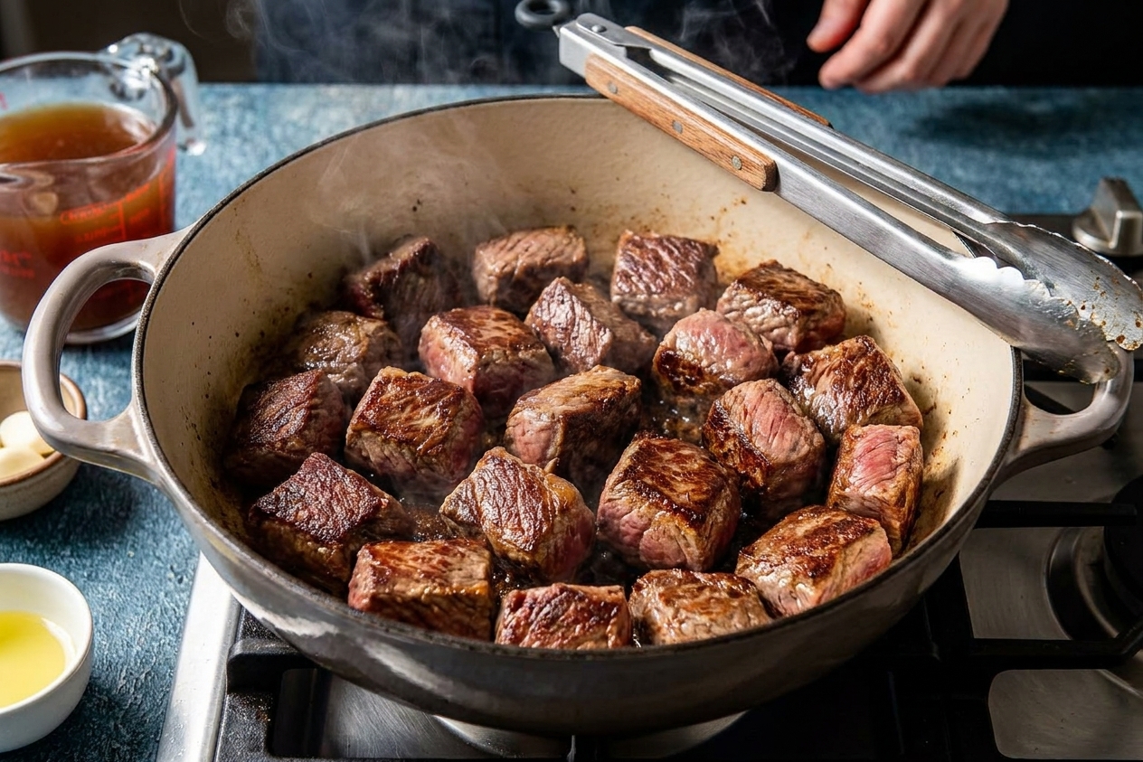 Beef cubes browning in a Dutch oven with visible caramelized edges, tongs resting on the rim on a stovetop