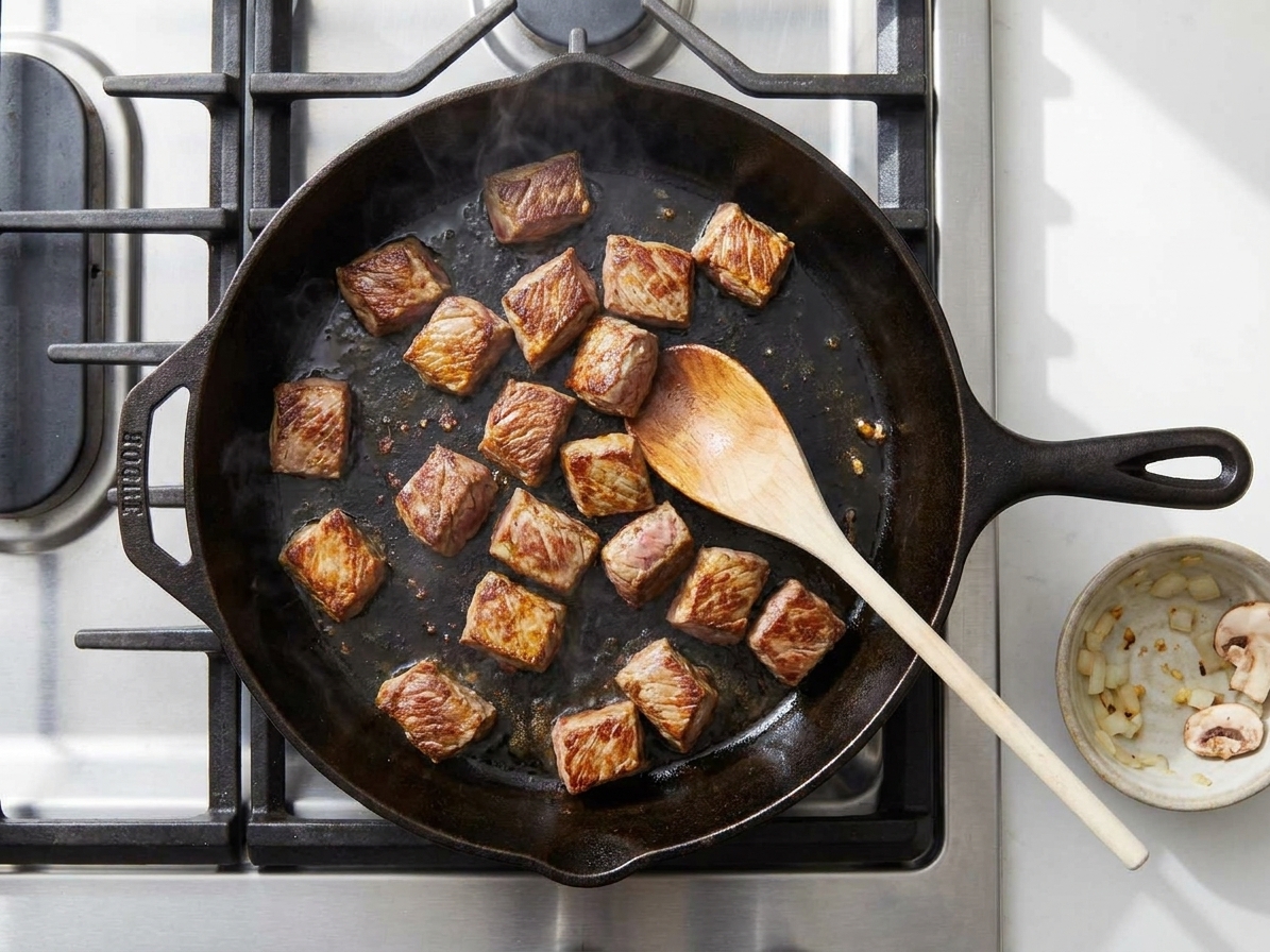 Beef cubes browning in a cast iron skillet with golden edges on a home kitchen stove