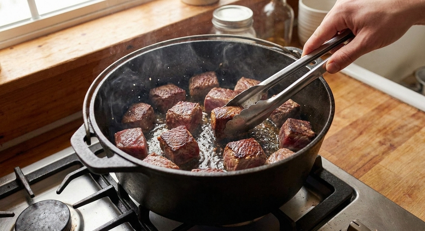 Beef cubes browning in a heavy Dutch oven on the stovetop, with caramelized edges forming in the pot