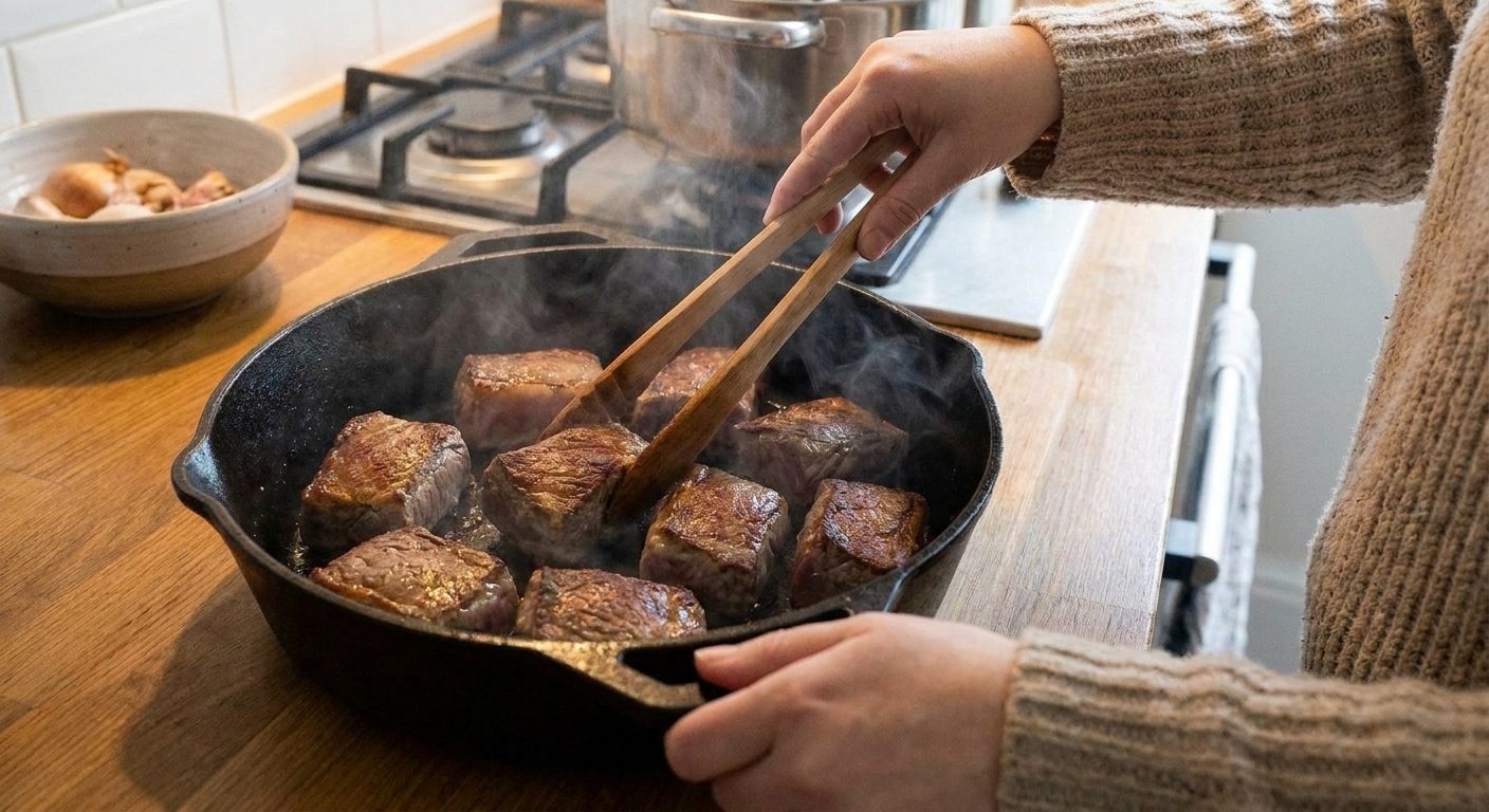 Beef cubes searing in a Dutch oven with a dark golden brown crust forming, steam rising in a home kitchen