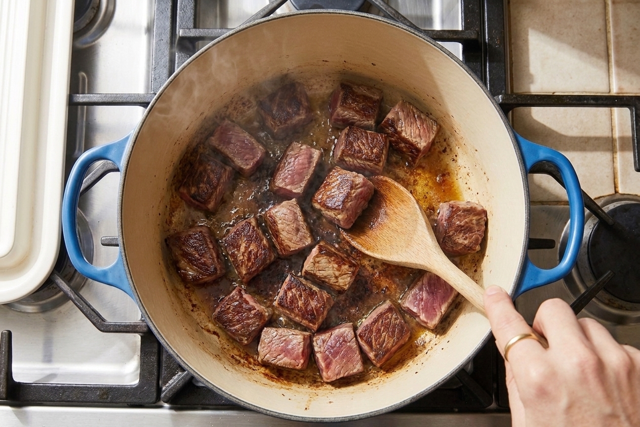 Beef cubes searing in a Dutch oven with browned edges and fond forming on the bottom