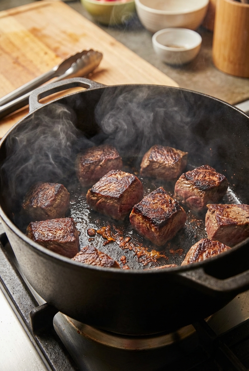 Beef cubes searing in a heavy pot with browned edges and a bit of steam rising