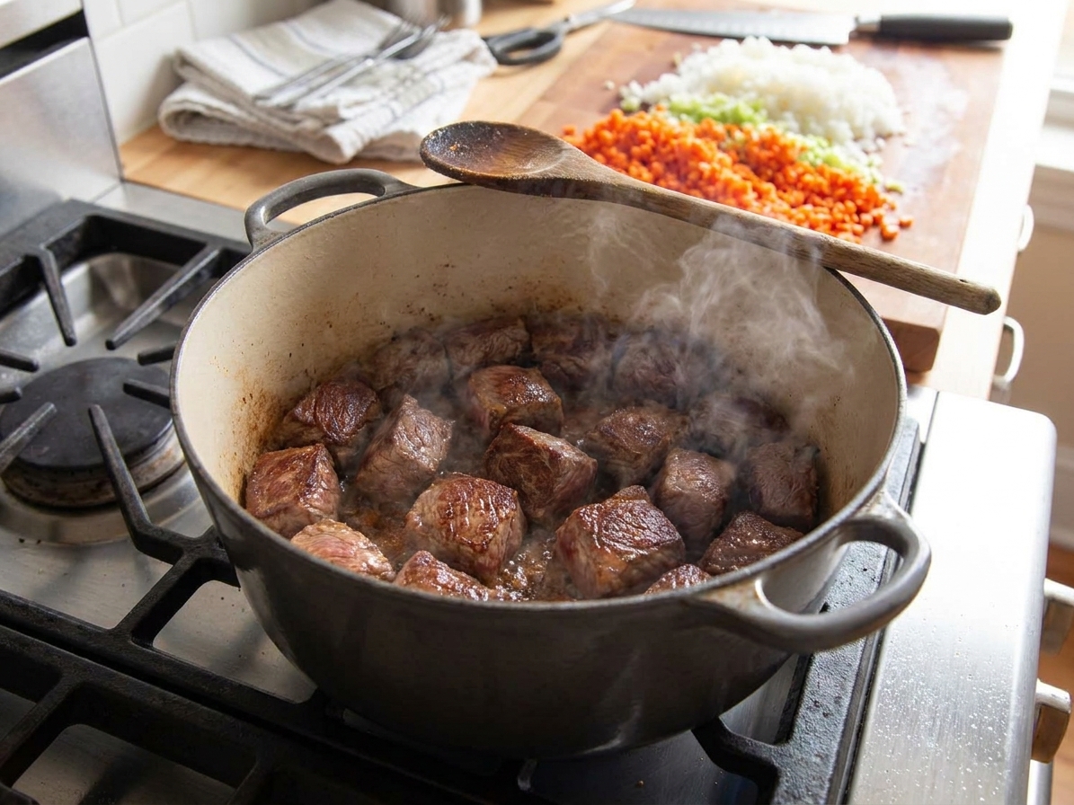 Beef cubes sizzling and browning in a Dutch oven with a wooden spoon nearby on a stovetop