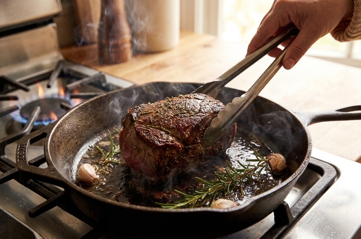 Beef fillet roast searing in a cast iron skillet with browned edges forming on a stovetop
