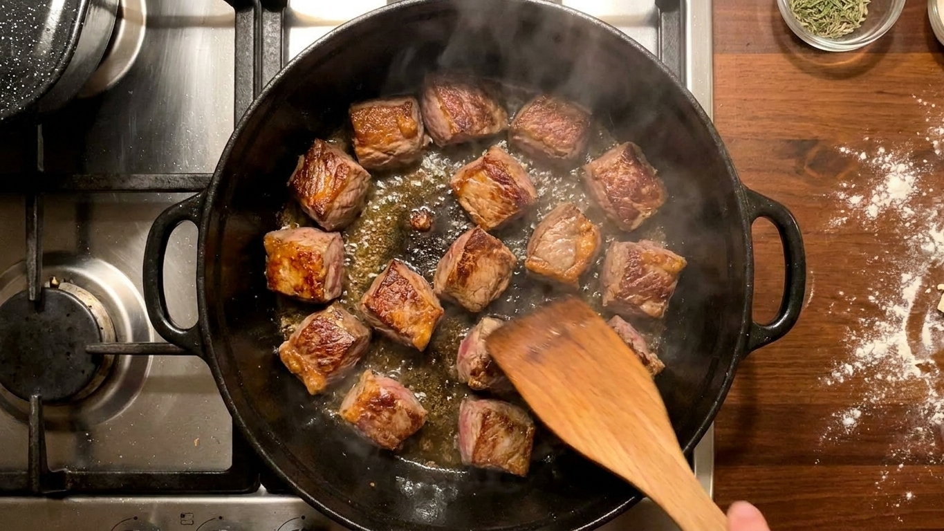 Beef heart chunks browning in a Dutch oven with visible golden edges and steam rising on a stovetop