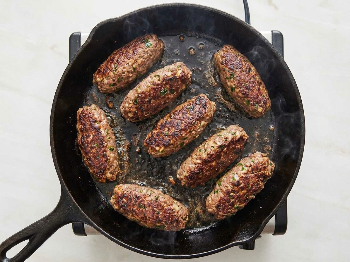 Beef kafta logs sizzling in a cast iron skillet with a browned crust forming on the surface