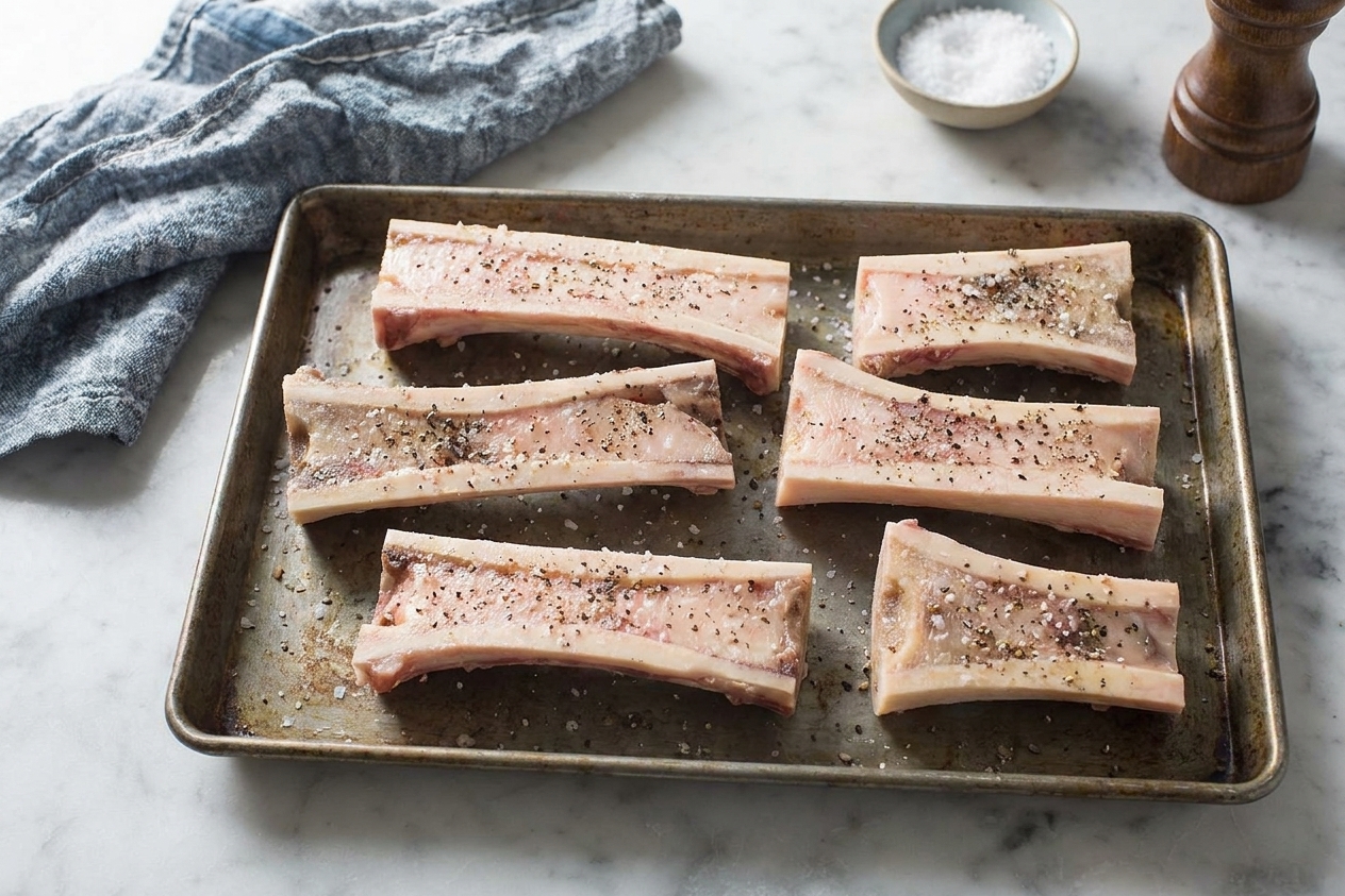 Beef marrow bones arranged cut-side up on a rimmed baking sheet, seasoned with salt and pepper on a kitchen counter