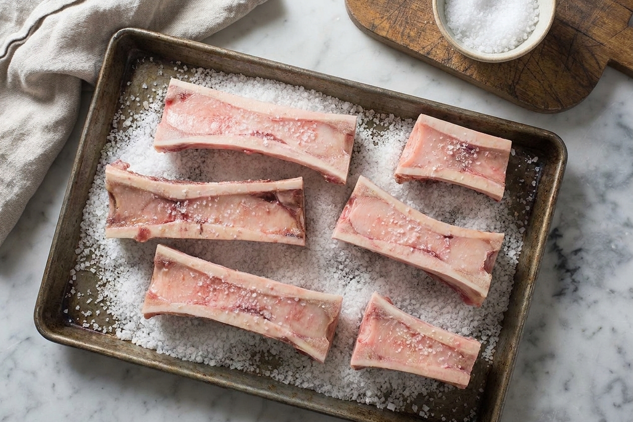 Beef marrow bones arranged cut-side up on a sheet pan lined with coarse salt, ready to go into the oven