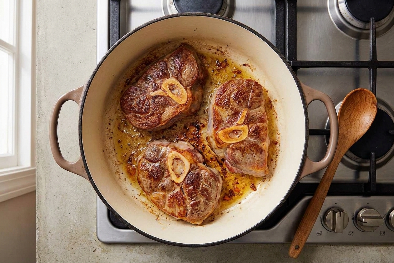Beef or veal shanks being browned in a Dutch oven with golden crust forming on the surface, with a wooden spoon resting nearby on the stove