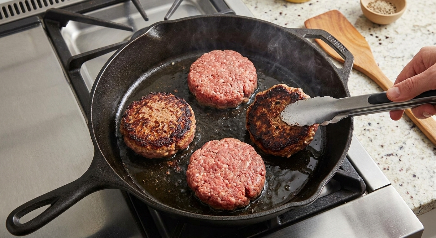 Beef patties browning in a skillet on a stovetop with crisp edges forming