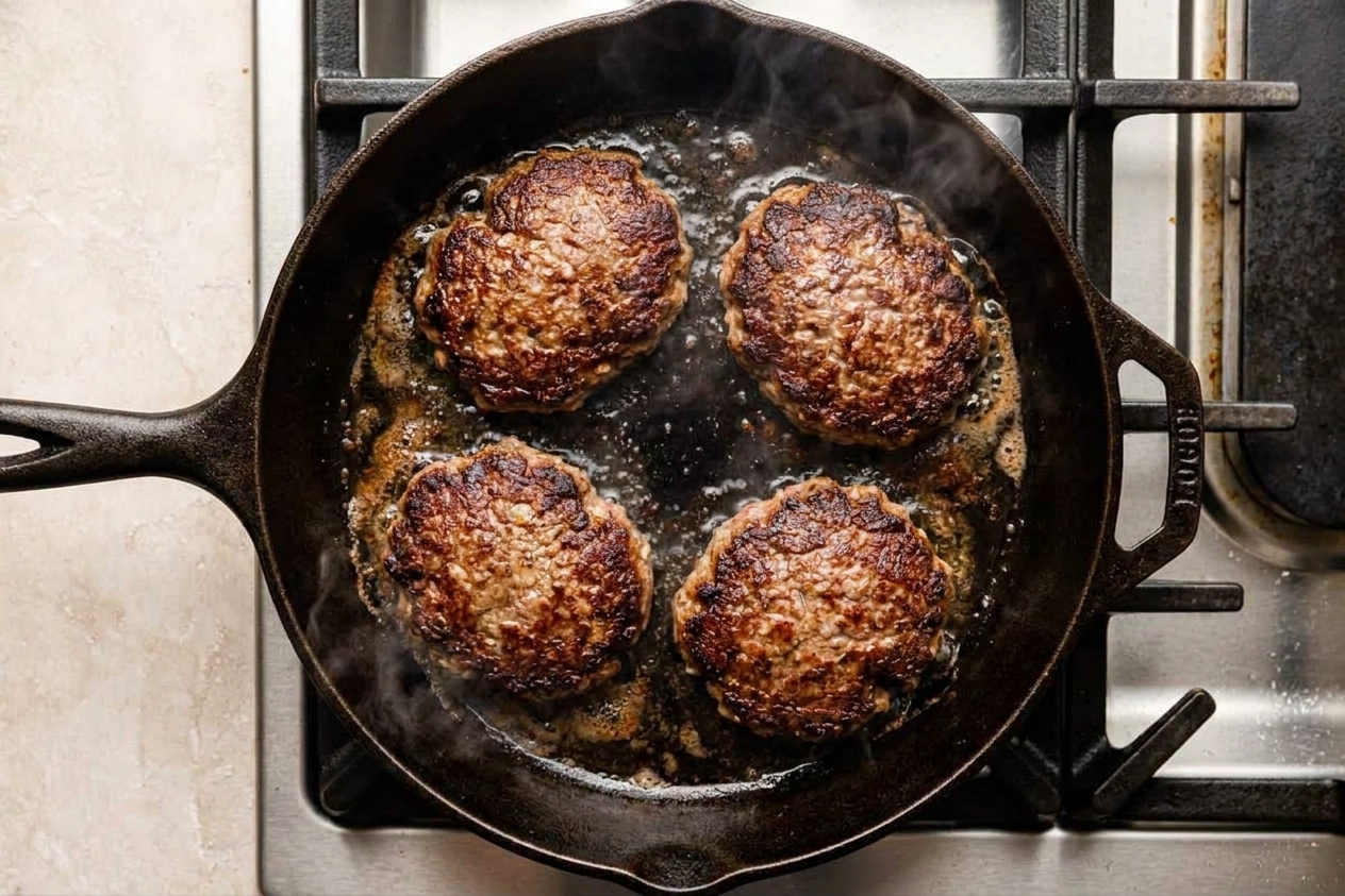 Beef patties searing in a hot cast iron skillet with browned edges forming