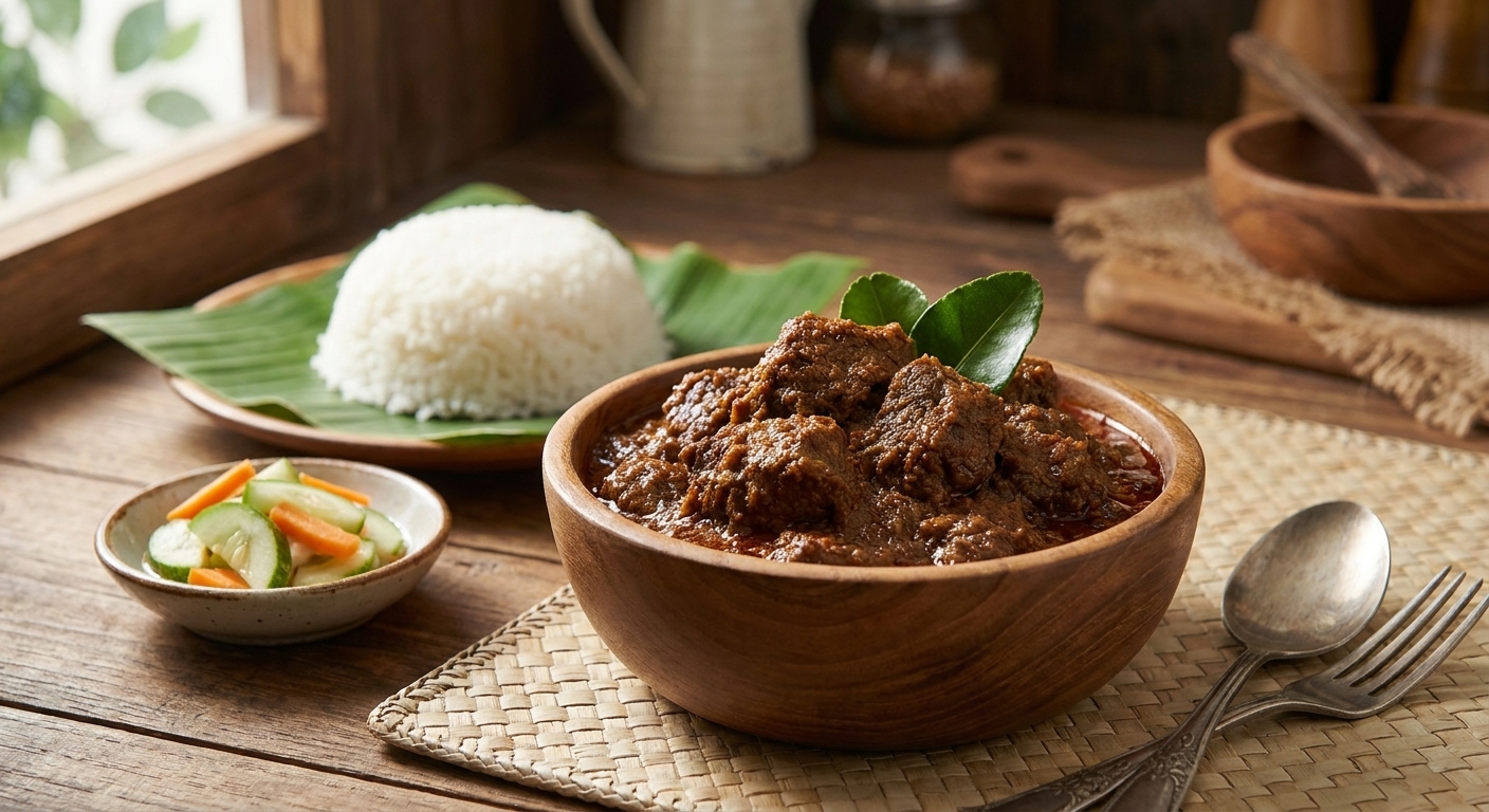Beef rendang served in a wooden bowl next to steamed rice with a small side of cucumber pickles