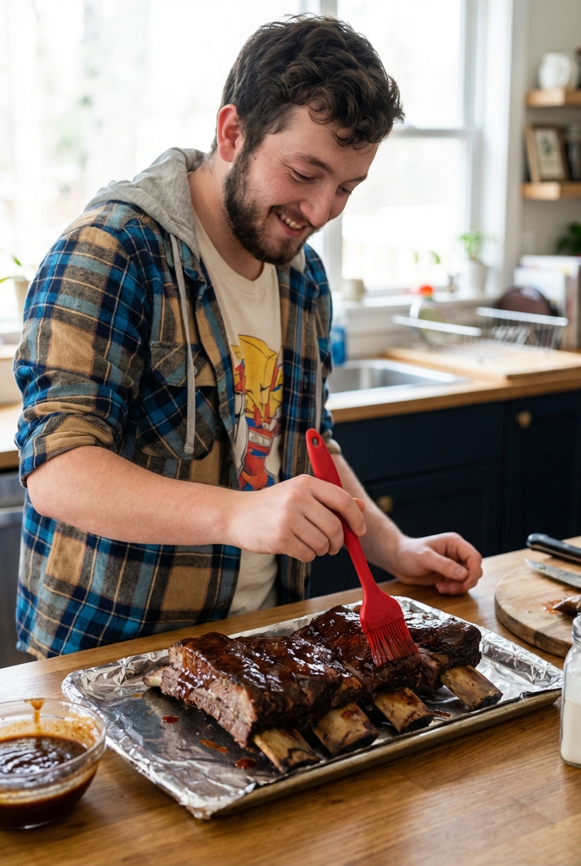 Beef ribs being brushed with sauce on a baking sheet with a silicone brush