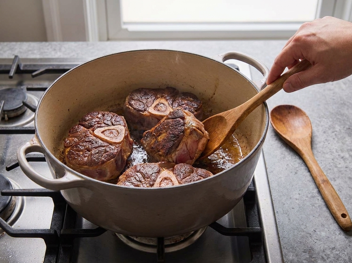 Beef shanks browning in a Dutch oven on a stovetop with a wooden spoon nearby