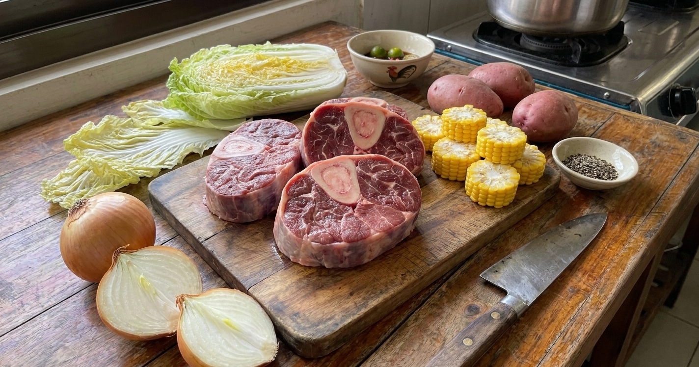 Beef shanks, onion halves, peppercorns, corn rounds, potatoes, and napa cabbage arranged on a home kitchen counter