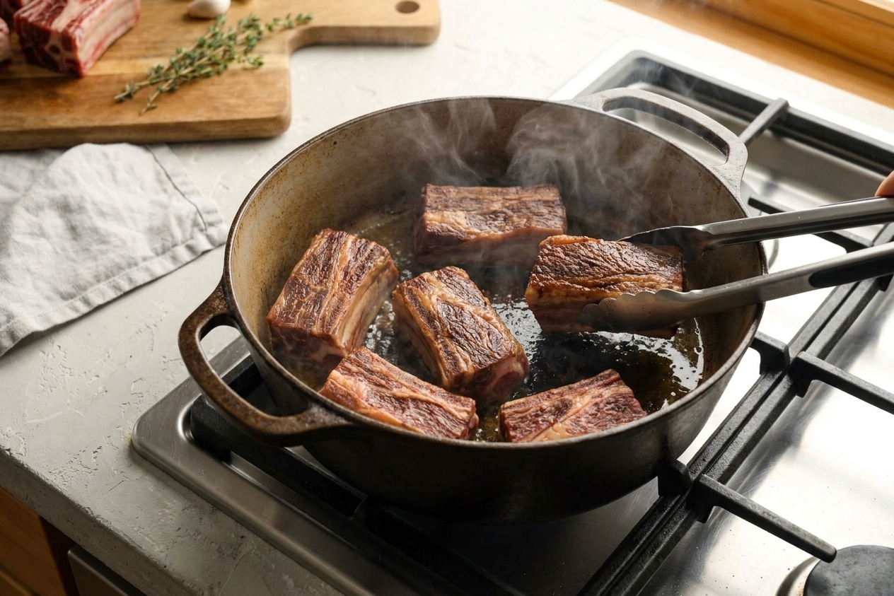 Beef short ribs being seared in a Dutch oven with browned crust forming, captured mid-cook on a stovetop