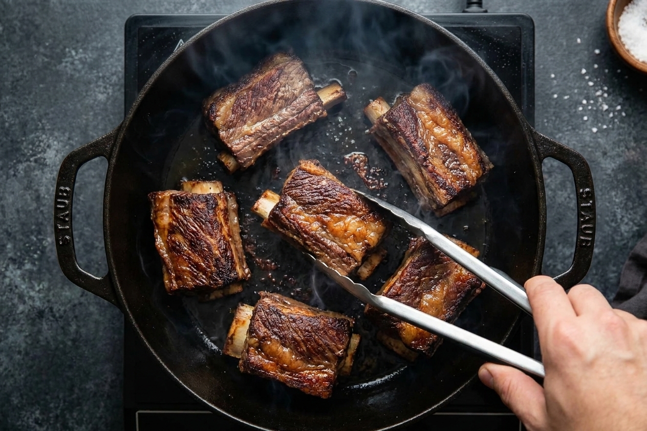 Beef short ribs being seared in a Dutch oven with browned crust forming, stovetop cooking action with tongs