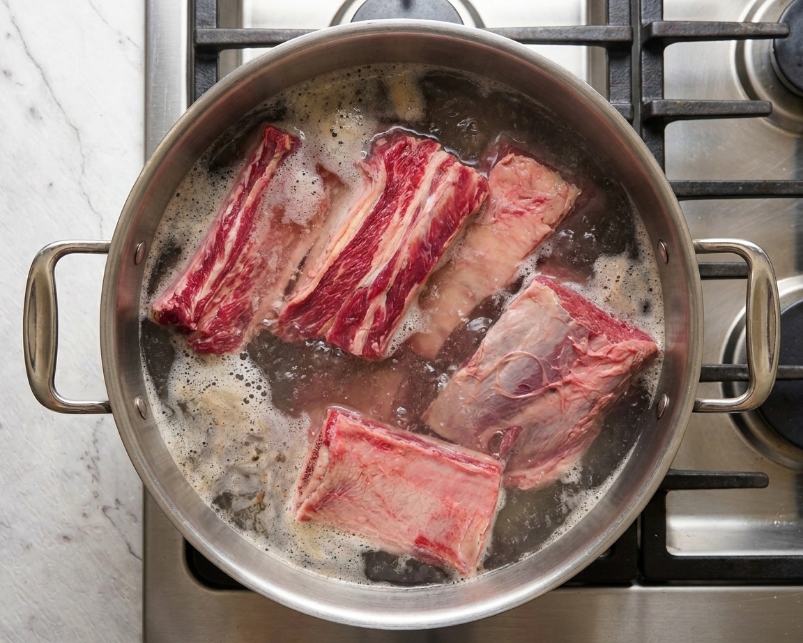 Beef short ribs blanching in a large pot of boiling water on a stovetop with light foam rising to the surface