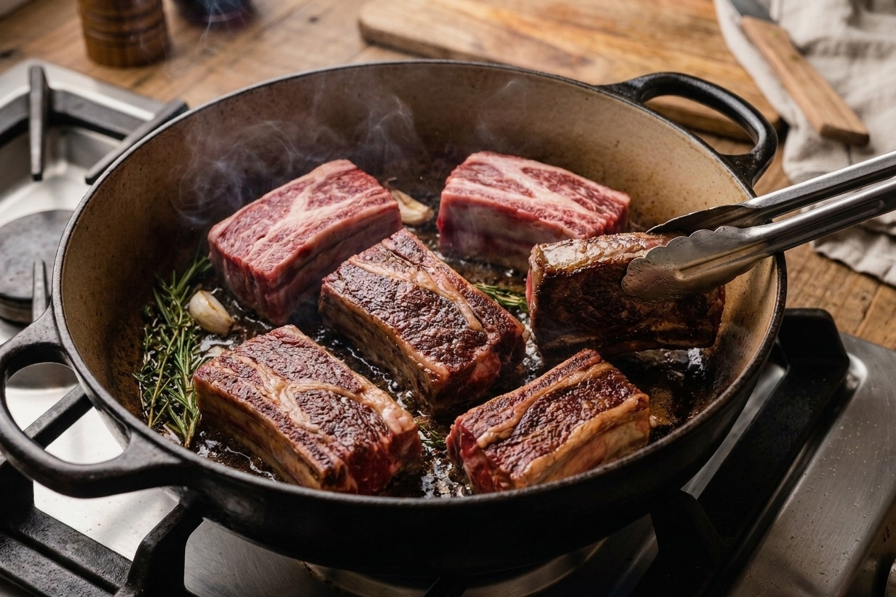 Beef short ribs browning in a Dutch oven on a stovetop with visible caramelized crust forming, warm kitchen lighting and minimal clutter