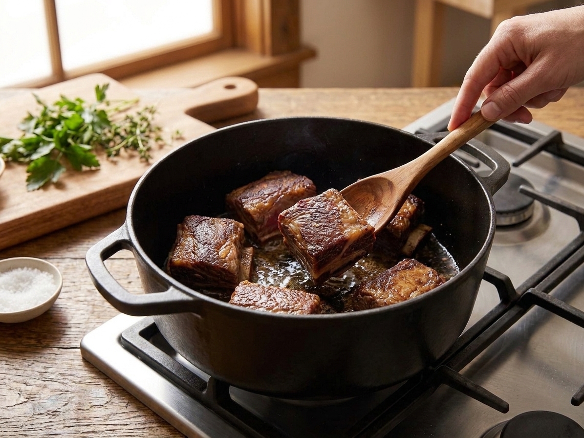 Beef short ribs browning in a Dutch oven on a stovetop with a deep golden crust forming