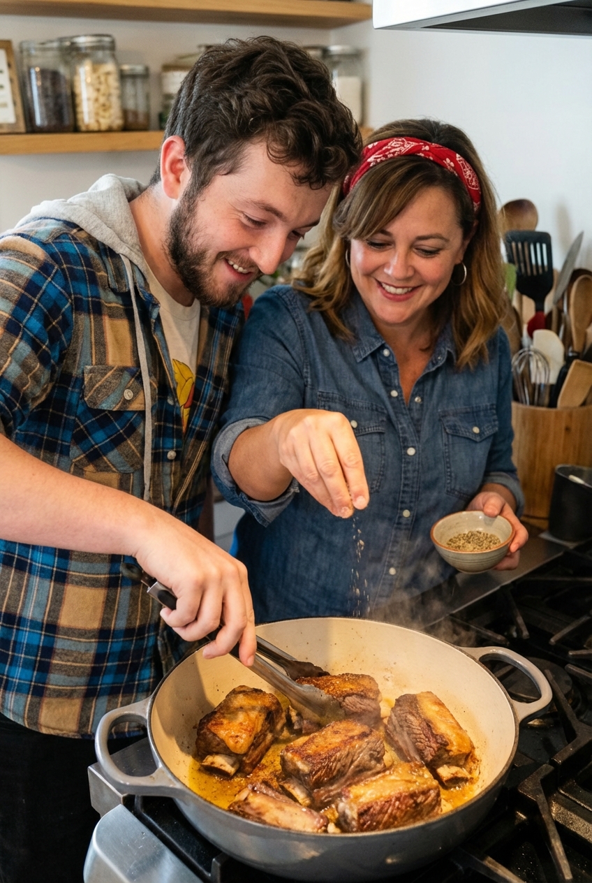 Beef short ribs browning in a Dutch oven with a deep golden crust forming on the meat