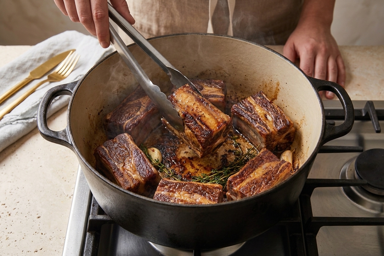 Beef short ribs browning in a Dutch oven with caramelized edges forming in the pan