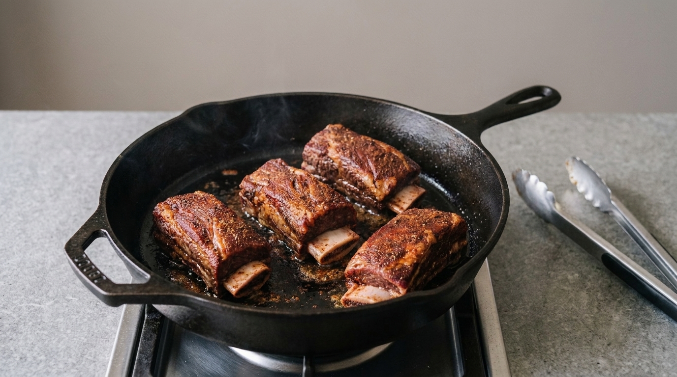 Beef short ribs browning in a hot cast iron skillet with visible caramelized edges and a pair of tongs nearby