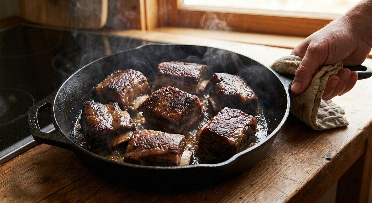Beef short ribs browning in a hot skillet with caramelized edges and light steam rising