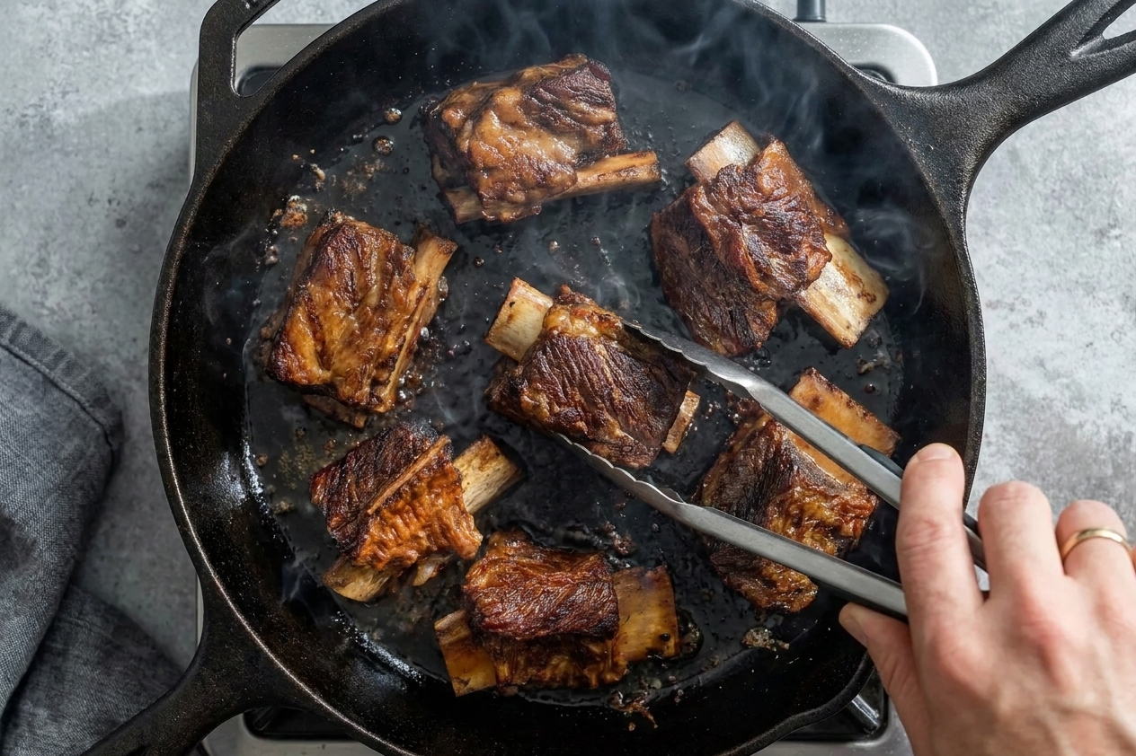 Beef short ribs searing in a hot cast iron skillet with browned edges forming