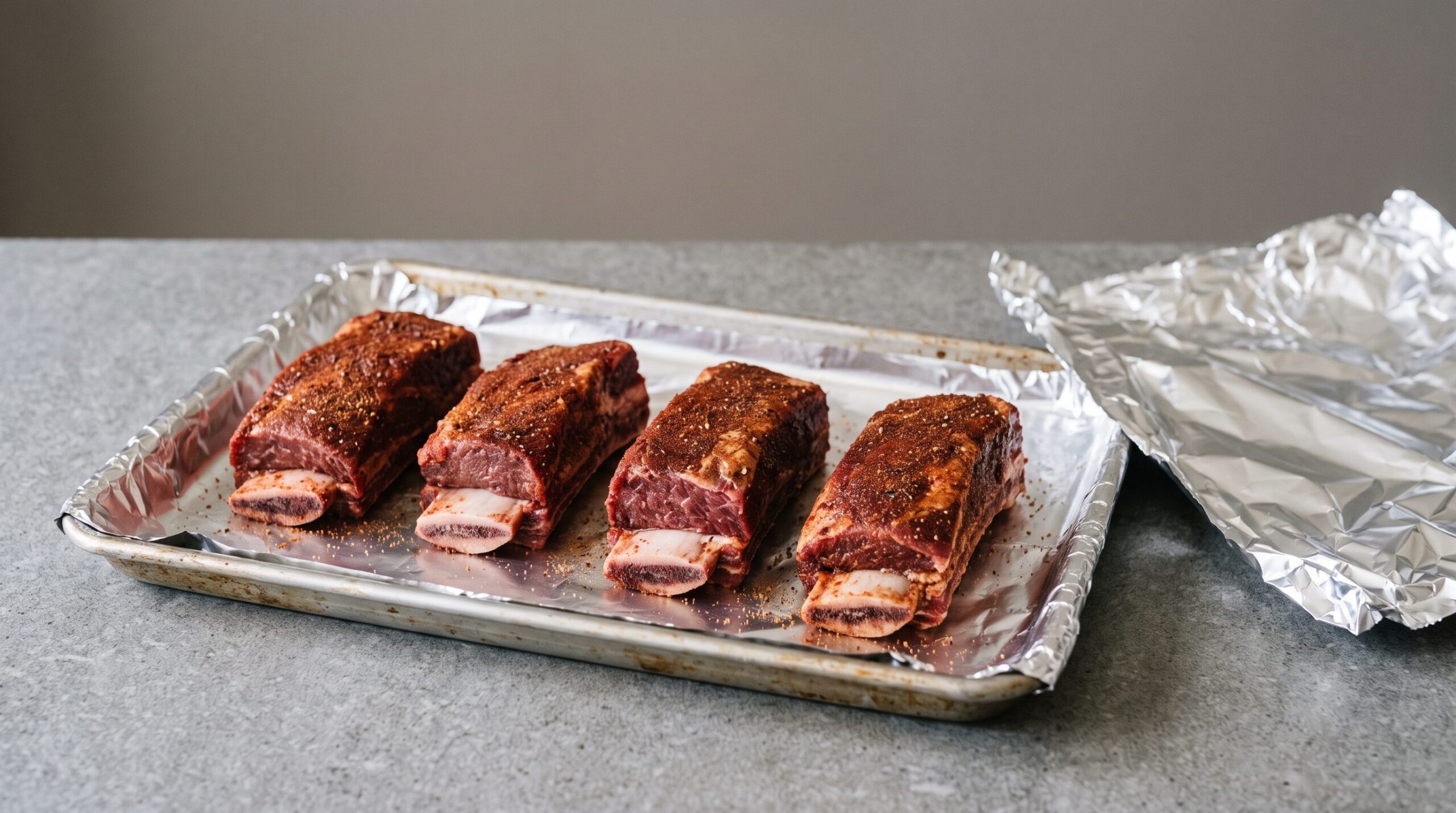 Beef short ribs seasoned with salt and pepper on a sheet pan next to sliced onions and minced garlic on a kitchen counter