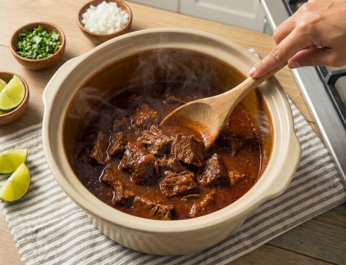 Beef simmering in a slow cooker with a rich red chile sauce