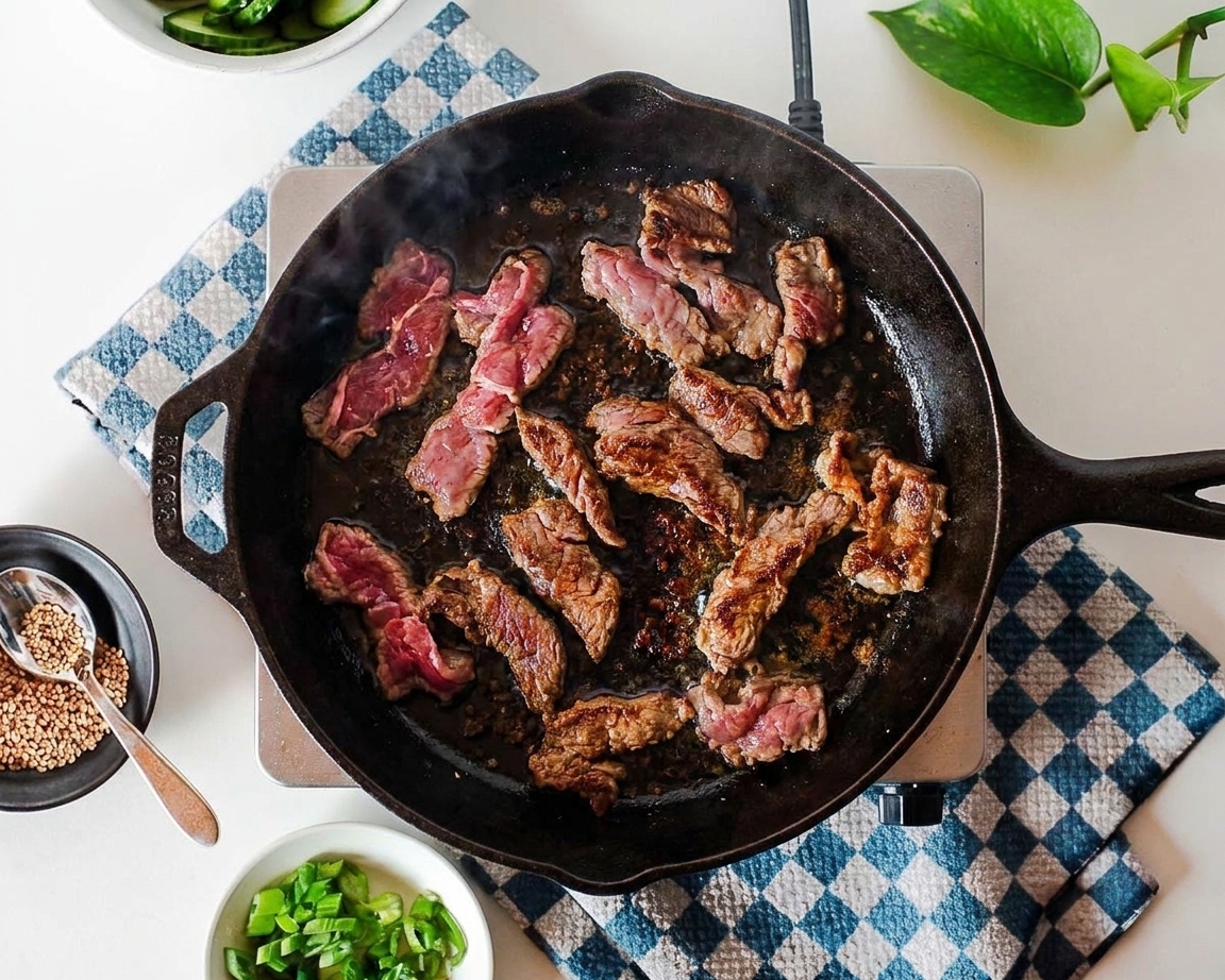 Beef slices browning in a hot skillet with caramelized bits on the pan surface