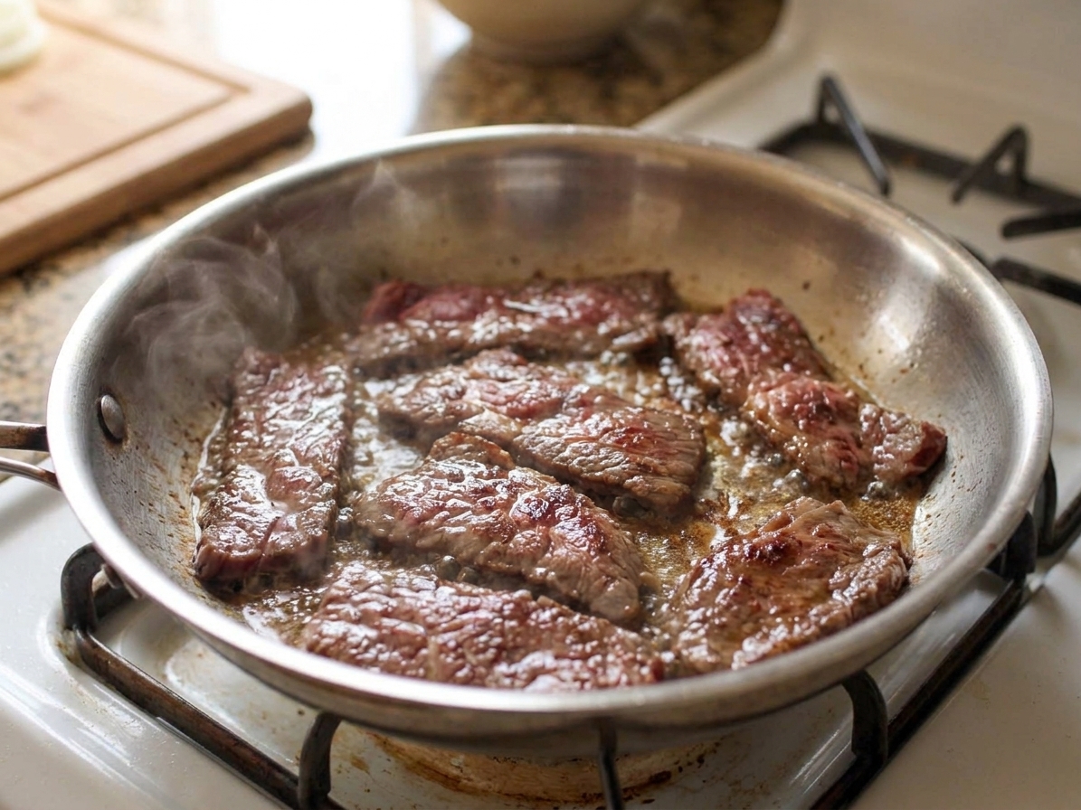 Beef slices sizzling and browning in a hot skillet with a light sheen of oil on a stovetop
