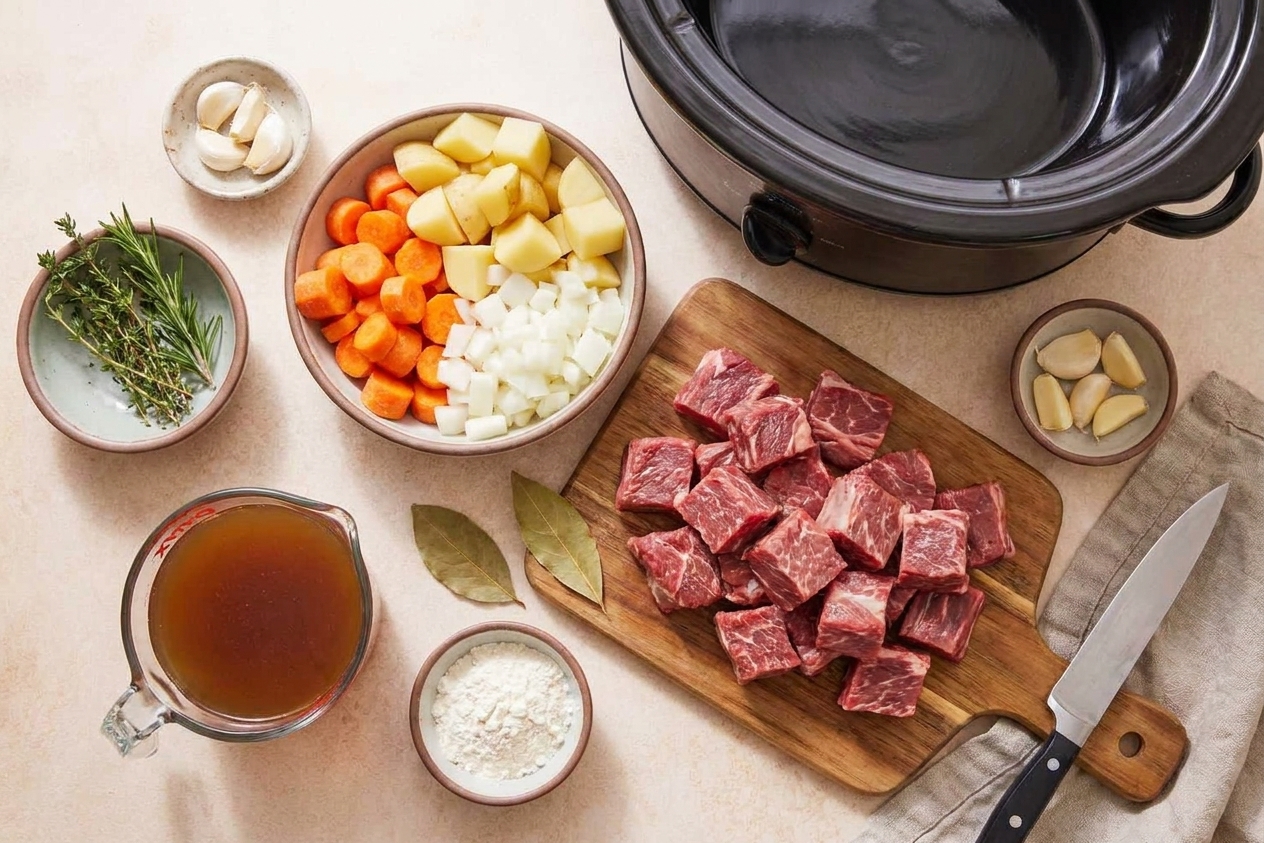Beef stew ingredients including chuck roast, carrots, potatoes, onion, garlic, broth, and herbs arranged on a counter