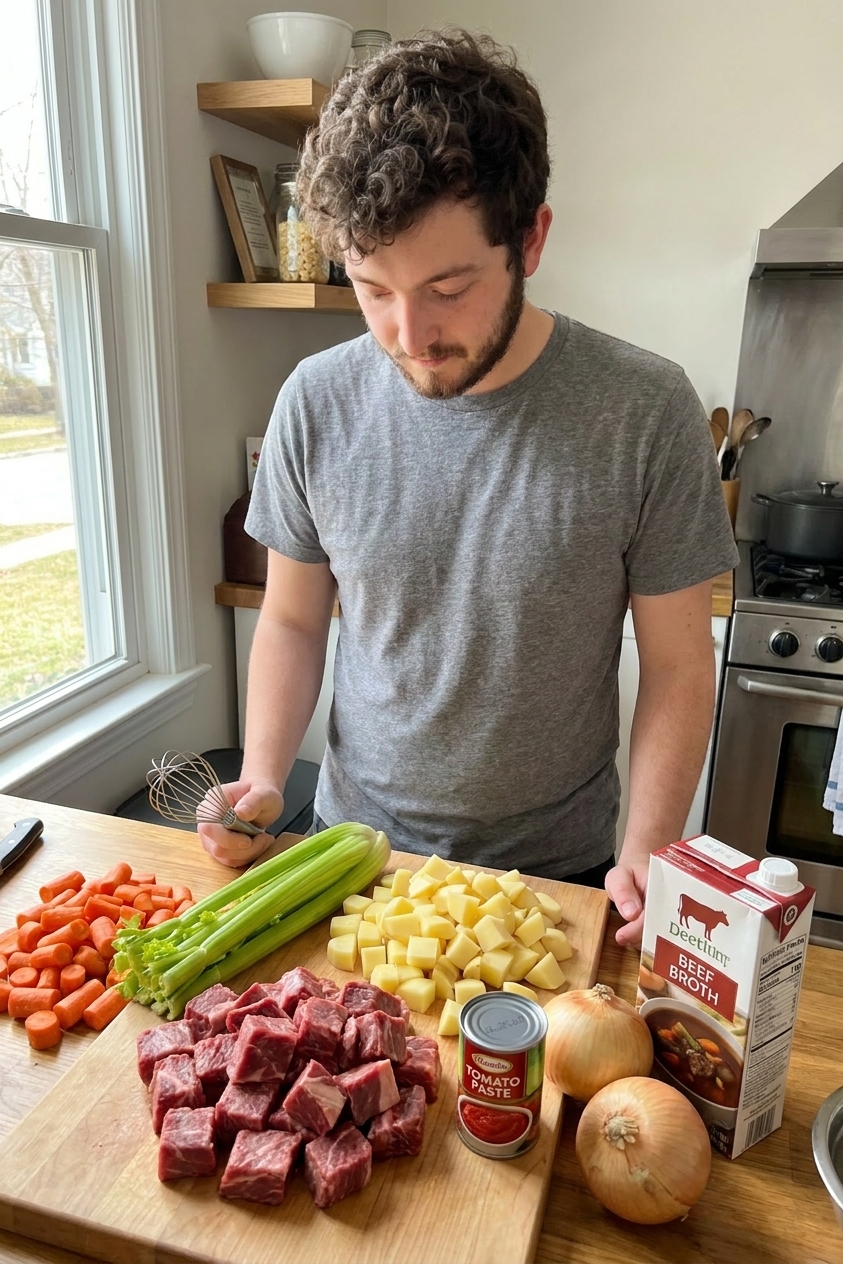 Beef stew ingredients including chuck roast cubes, carrots, onions, celery, potatoes, tomato paste, and beef broth arranged on a kitchen counter