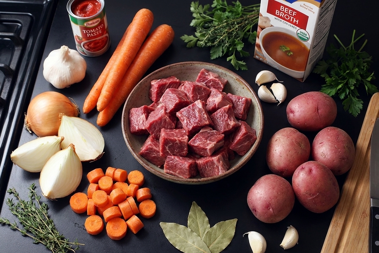 Beef stew ingredients on a kitchen counter including beef chuck cubes, carrots, onions, potatoes, garlic, tomato paste, beef broth, and herbs