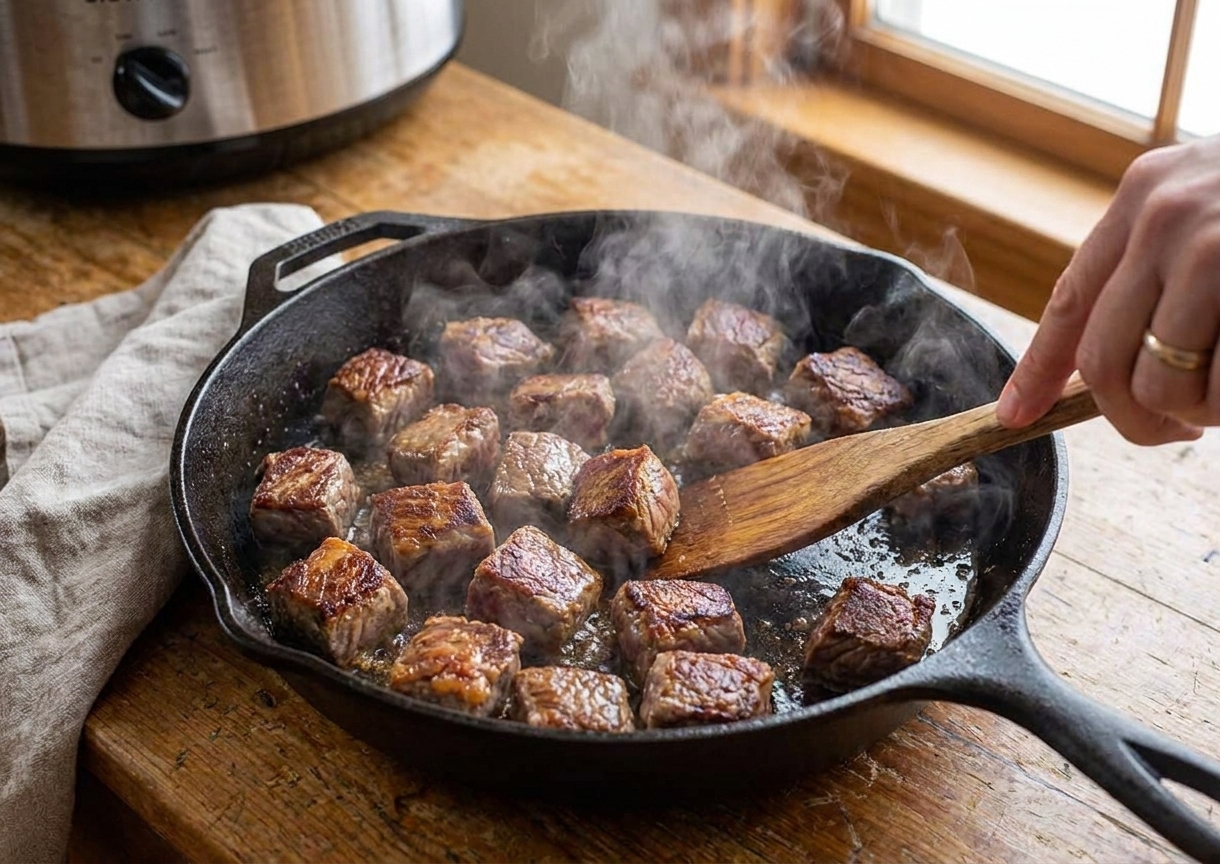 Beef stew meat browning in a hot skillet with deep golden edges and steam rising