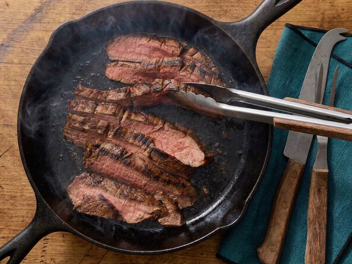Beef strips searing in a hot skillet in a single layer with browned edges forming, with tongs lifting one piece