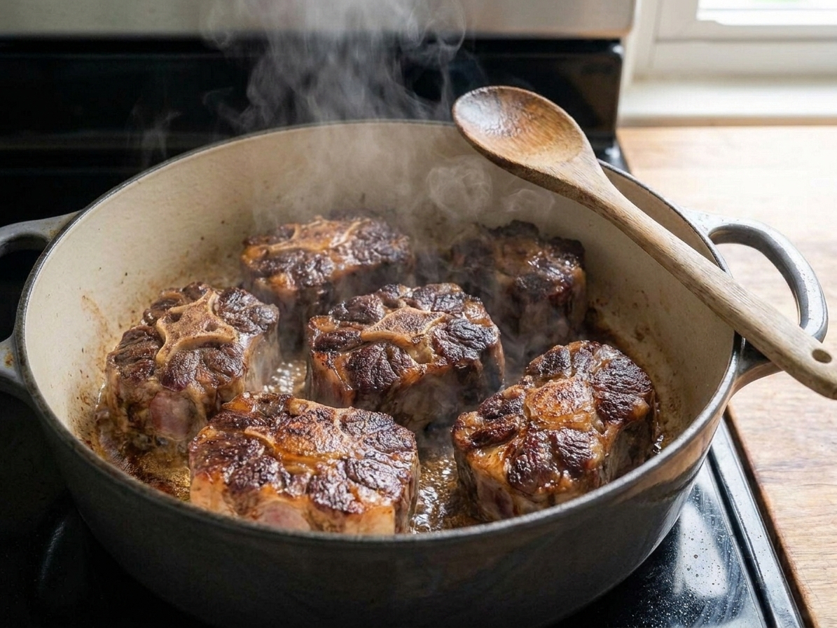 Beef tail pieces browning in a Dutch oven on a stovetop with visible caramelized edges and a wooden spoon nearby