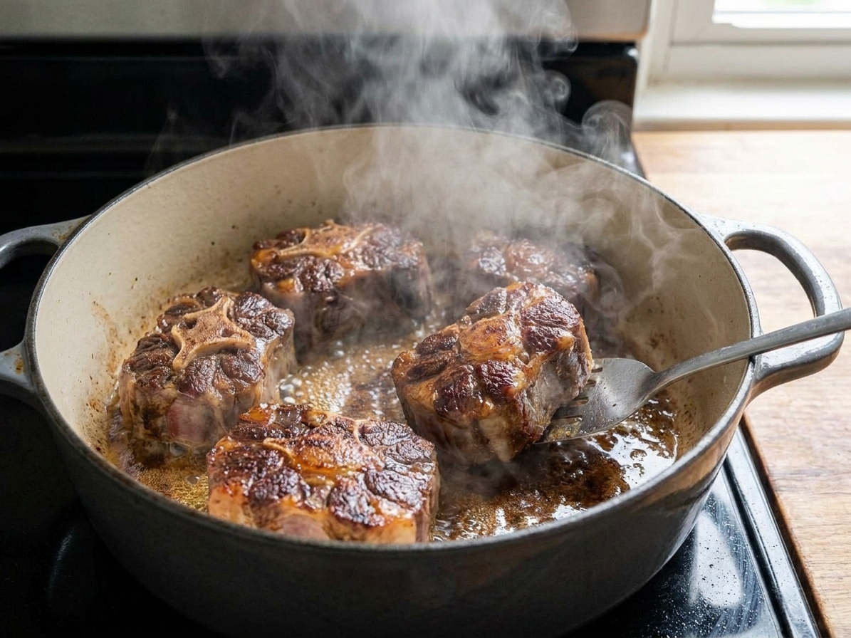 Beef tail pieces searing in a Dutch oven with a browned crust forming, steam rising on a stovetop
