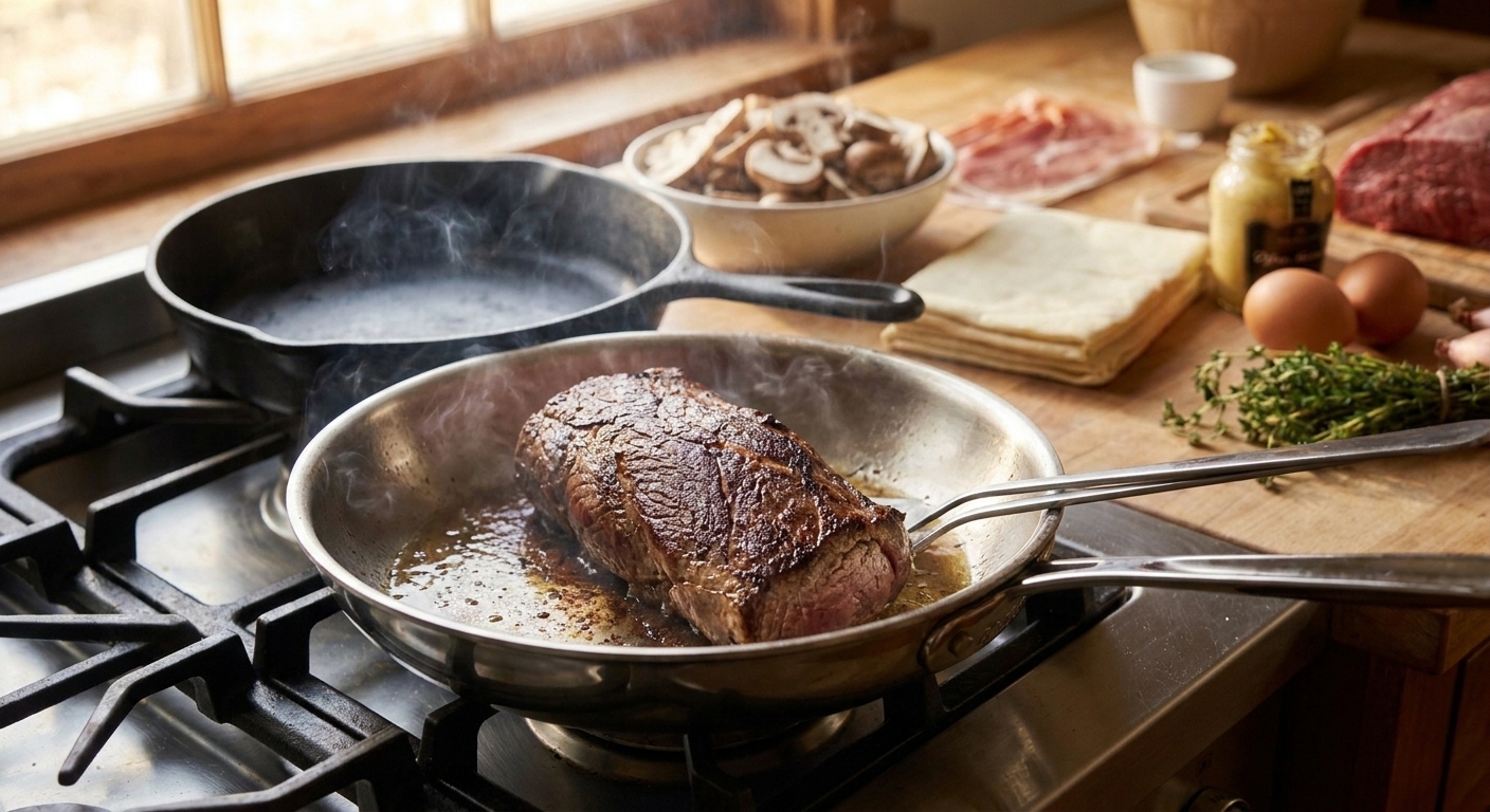 Beef tenderloin being seared in a hot stainless steel skillet with tongs, deep browning on the surface, on a home stove under warm kitchen lighting