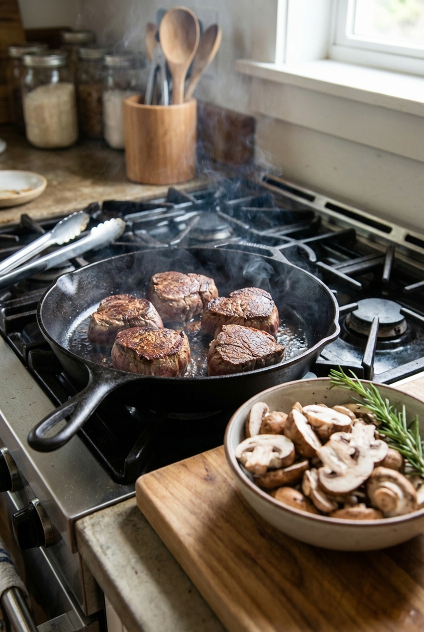 Beef tenderloin medallions searing in a cast iron skillet with mushrooms nearby