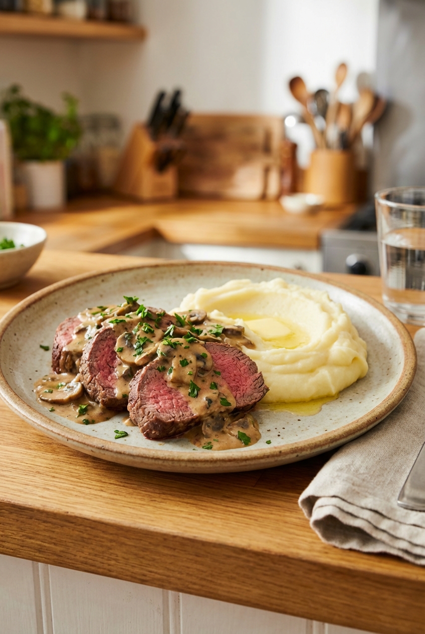 Beef tenderloin plated with creamy mushroom sauce and mashed potatoes on the side