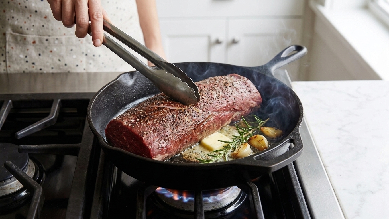 Beef tenderloin roast being seared in a cast iron skillet with browned edges forming, held with tongs over a stovetop