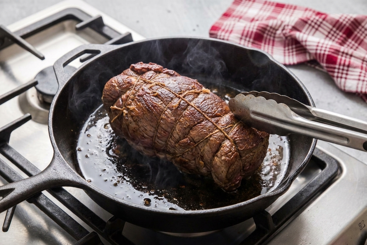 Beef tenderloin roast being seared in a cast iron skillet on a stovetop with browned crust forming, held with tongs in warm kitchen light