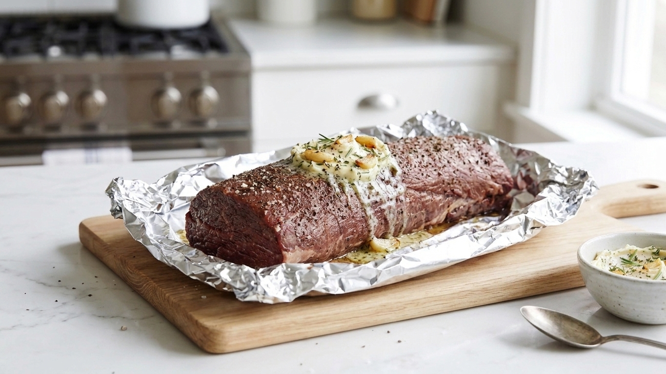 Beef tenderloin roast resting on a cutting board with a loose tent of foil and melted herb butter on top