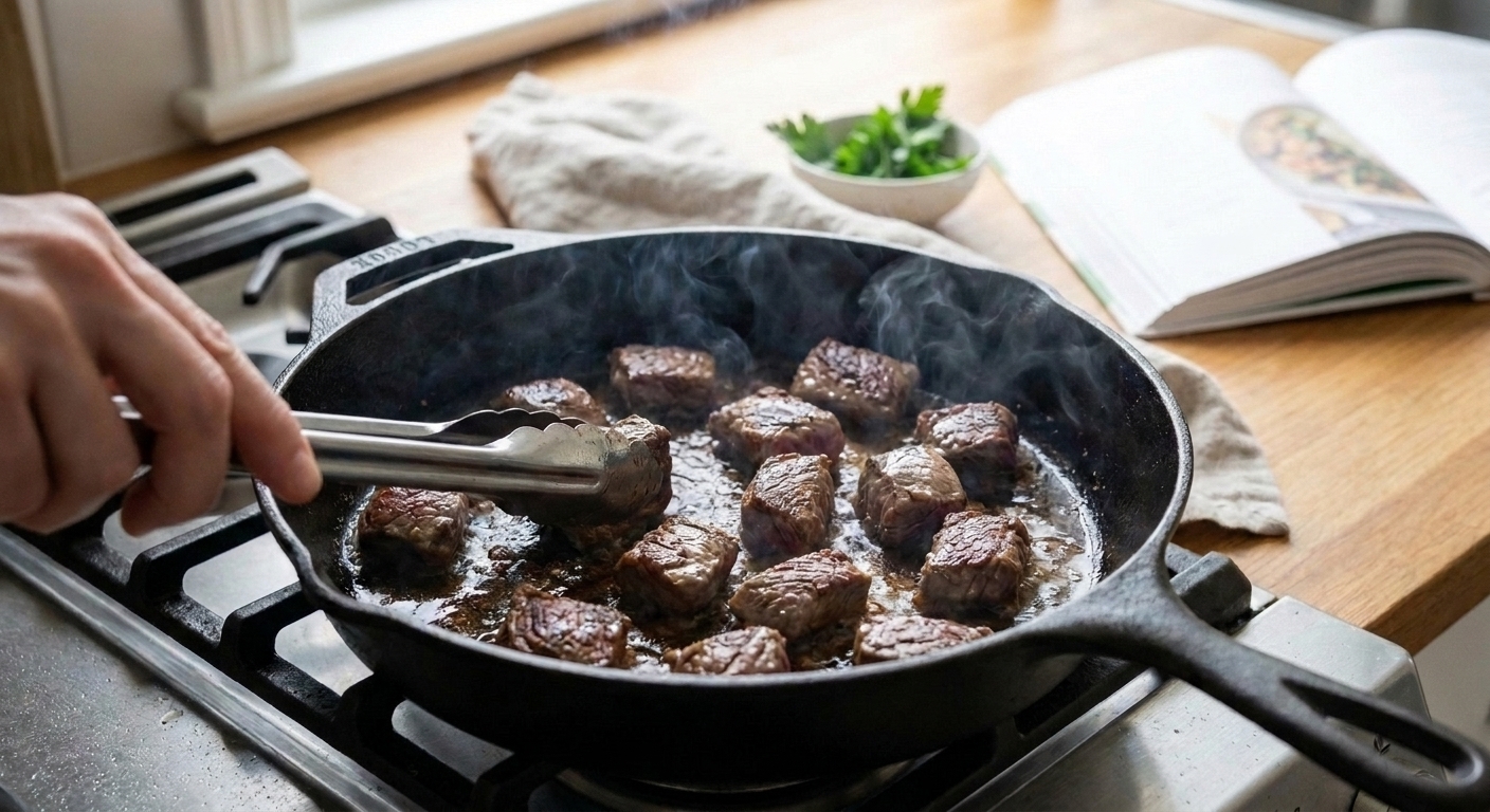 Beef tips browning in a cast iron skillet with visible golden crust and steam rising from the pan