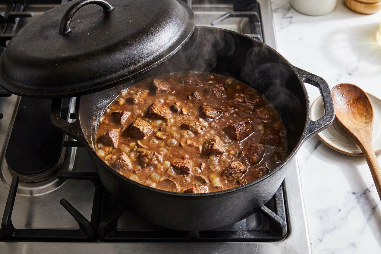Beef tips gently simmering in brown gravy in a Dutch oven with the lid tilted open on a stovetop