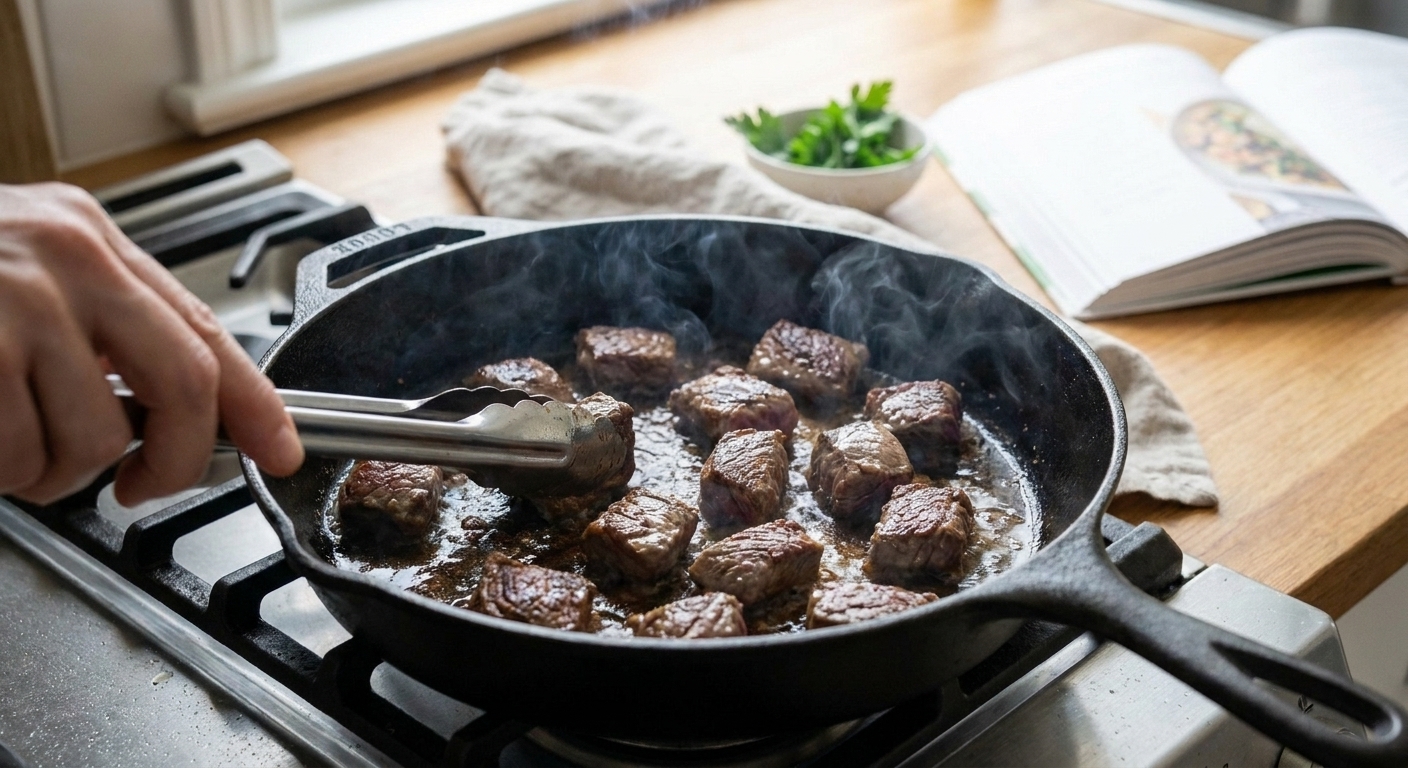 Beef tips searing in a cast iron skillet with a browned crust forming