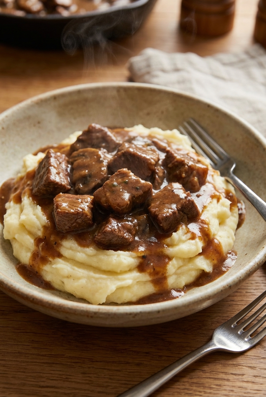 Beef tips served over mashed potatoes with gravy spooned on top in a shallow bowl